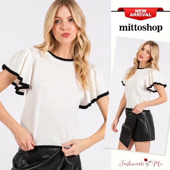 Mittoshop Contrast Trim Ruffled Cap Sleeves Rib Knit Pullover Sweater | White - Picture 1 of 6